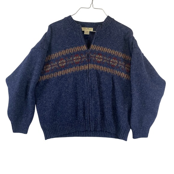 Eddie Bauer Nordic Fair Isle Full Zip Cardigan Sweater Lambswool - Size L - Picture 2 of 6